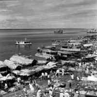 Vista do Rio Negro, vendo-se embarcações e mercado de Manaus (AM)